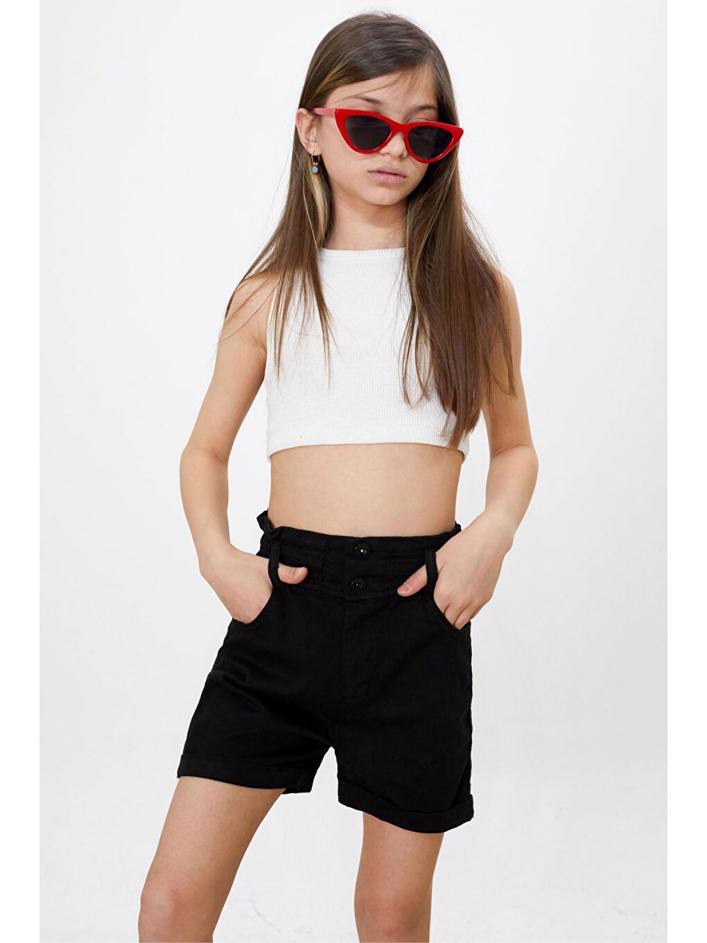 Siyah Yüksek Bel Çift Düğmeli Kız Jean Şort 18481-2