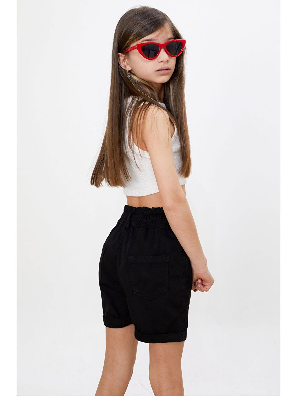 Siyah Yüksek Bel Çift Düğmeli Kız Jean Şort 18481-3