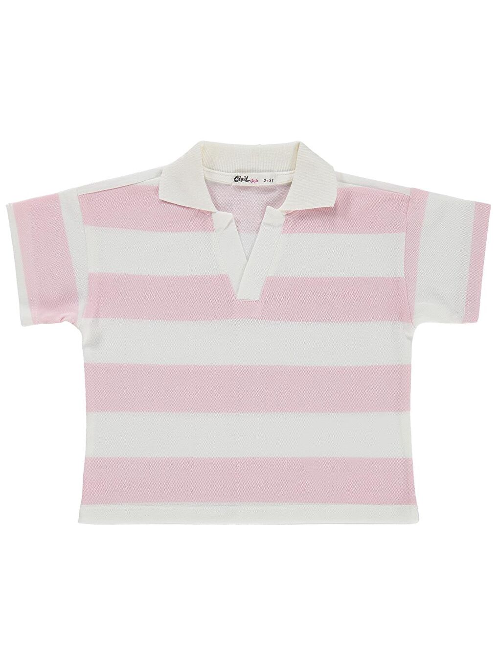 Pembe Girls Çizgili Polo Yaka 2-5 Yaş Tişört - Pudra