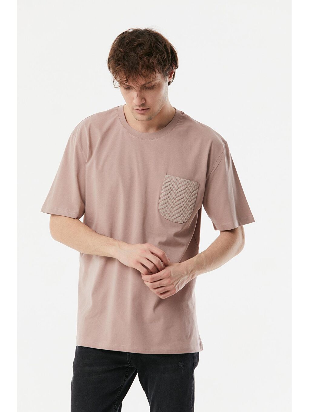 Pembe Bisiklet Yaka Cepli Oversize Tişört