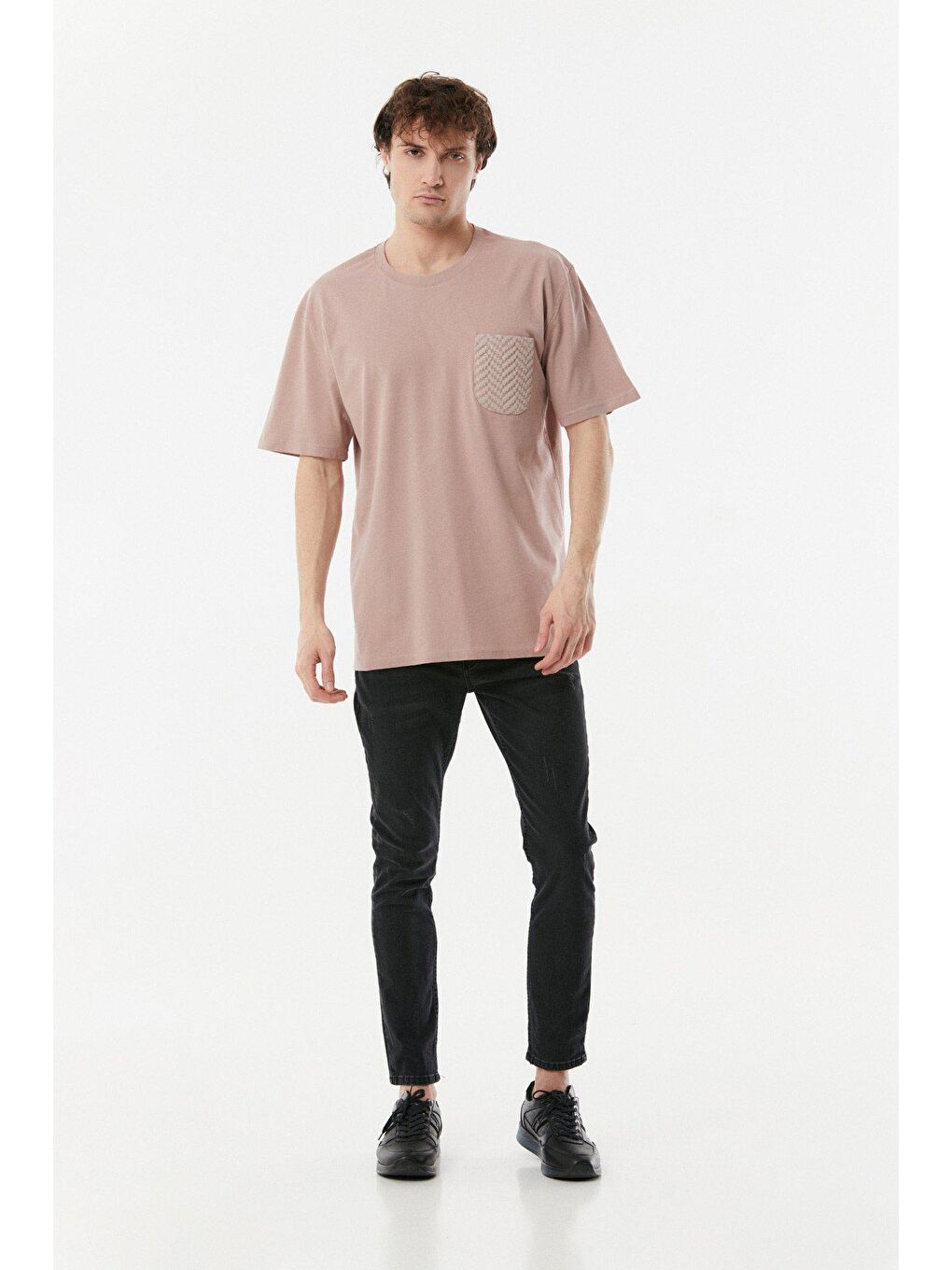 Pembe Bisiklet Yaka Cepli Oversize Tişört-1