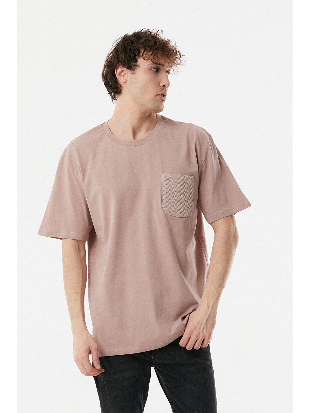 Pembe Bisiklet Yaka Cepli Oversize Tişört-2