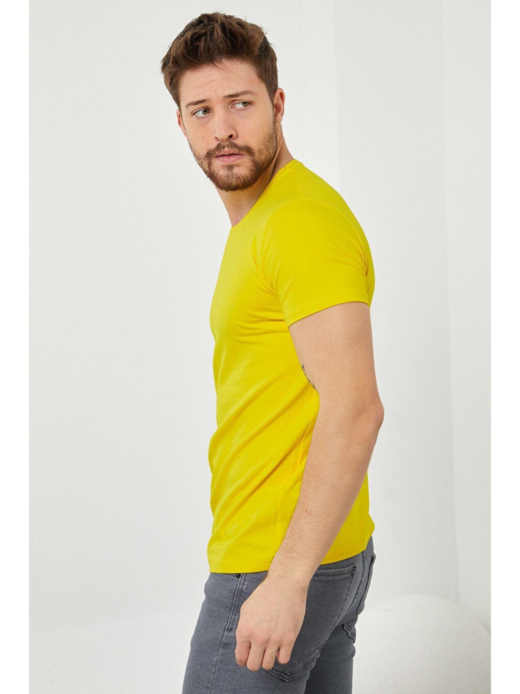 Erkek Sarı Düz Slim Fit Elastanlı Tişört-5