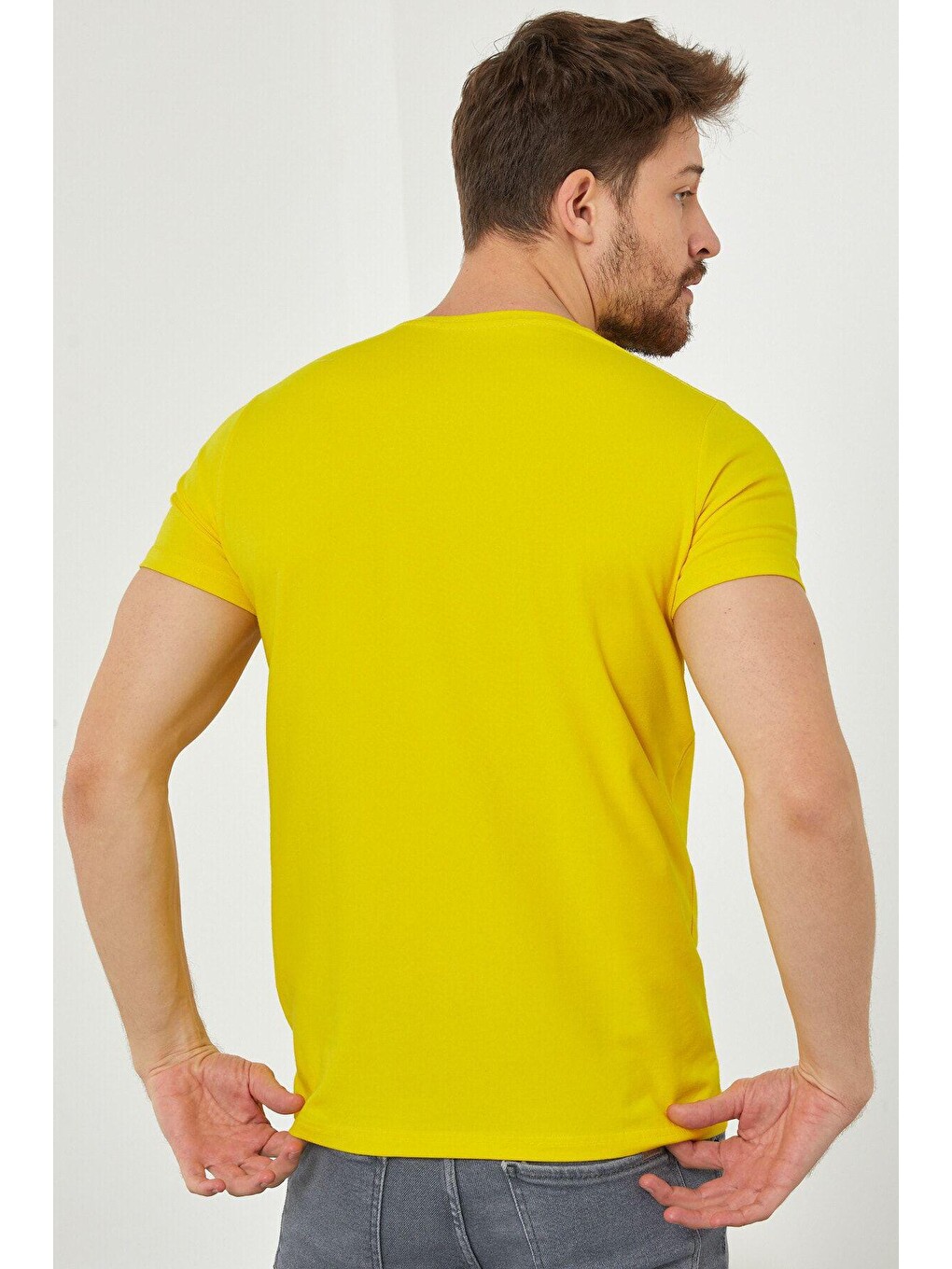 Erkek Sarı Düz Slim Fit Elastanlı Tişört-6
