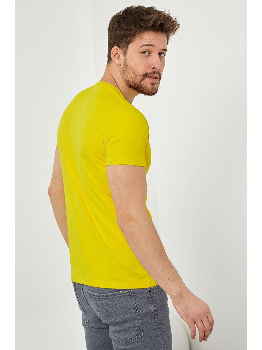 Erkek Sarı Düz Slim Fit Elastanlı Tişört-7