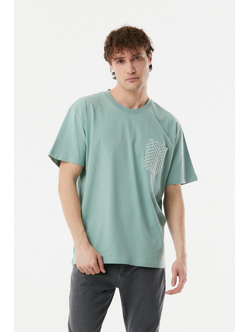 Turkuaz Bisiklet Yaka Cepli Oversize Tişört