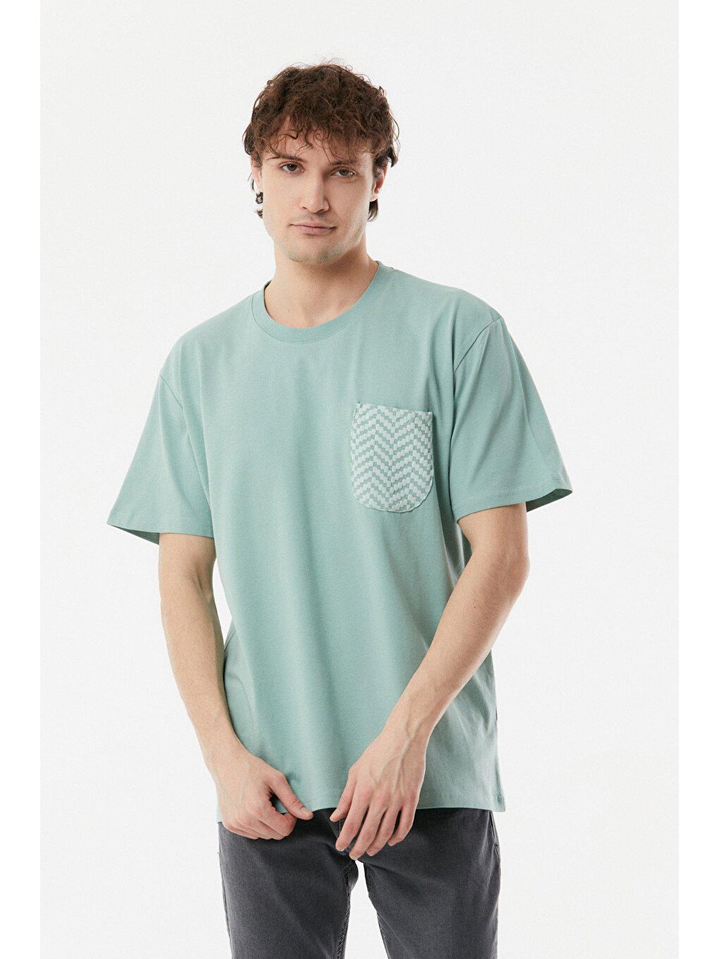 Turkuaz Bisiklet Yaka Cepli Oversize Tişört-1