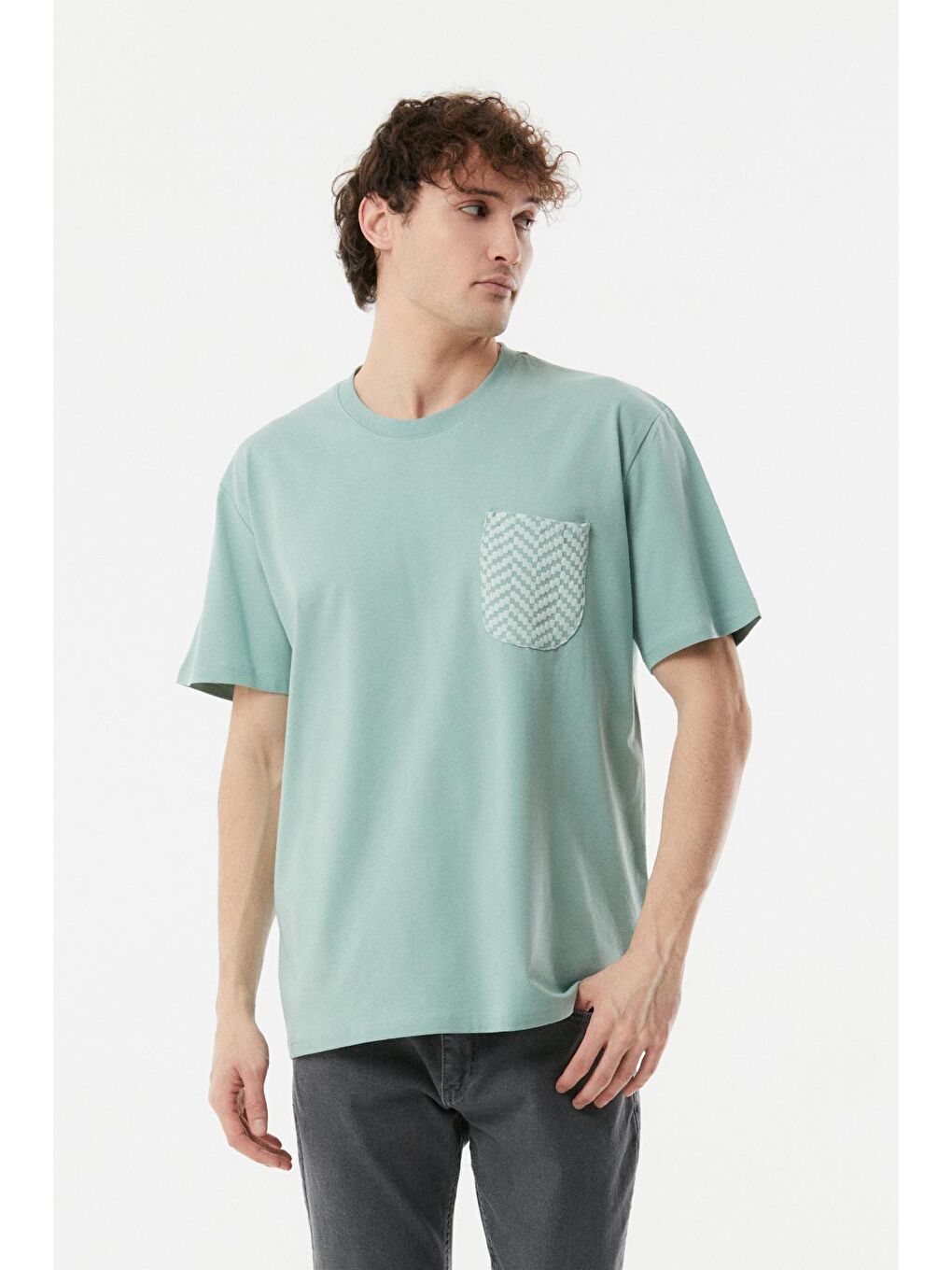 Turkuaz Bisiklet Yaka Cepli Oversize Tişört-2