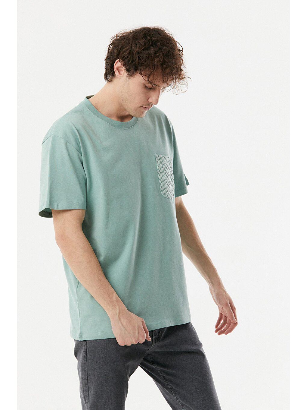 Turkuaz Bisiklet Yaka Cepli Oversize Tişört-3