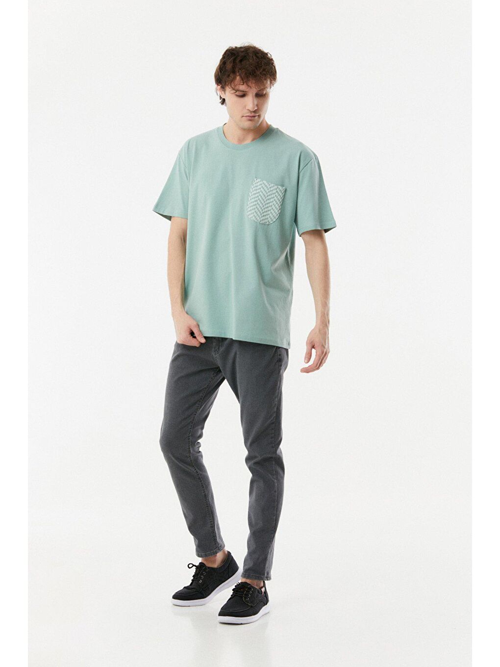 Turkuaz Bisiklet Yaka Cepli Oversize Tişört-4