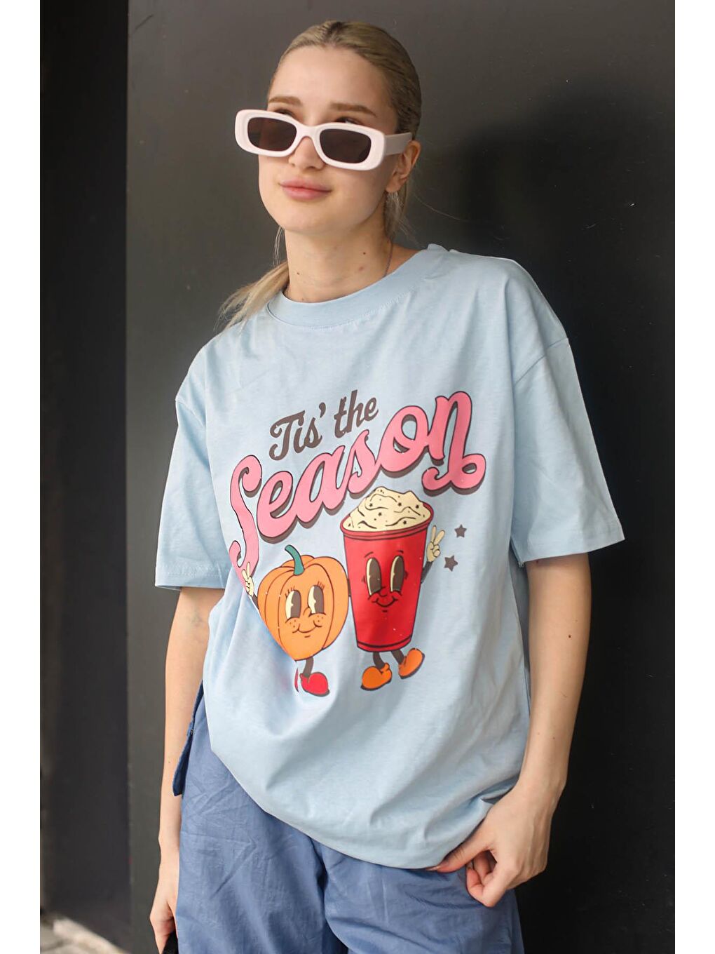 Buz Mavisi Baskılı Bisiklet Yaka Kadın Tişört Mg1776