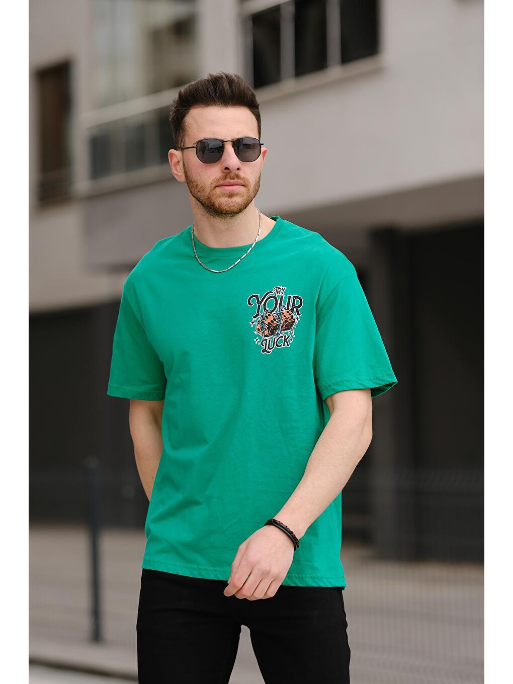 Yeşil Try Your Luck Ön ve Arkası Baskılı Erkek  Tişört