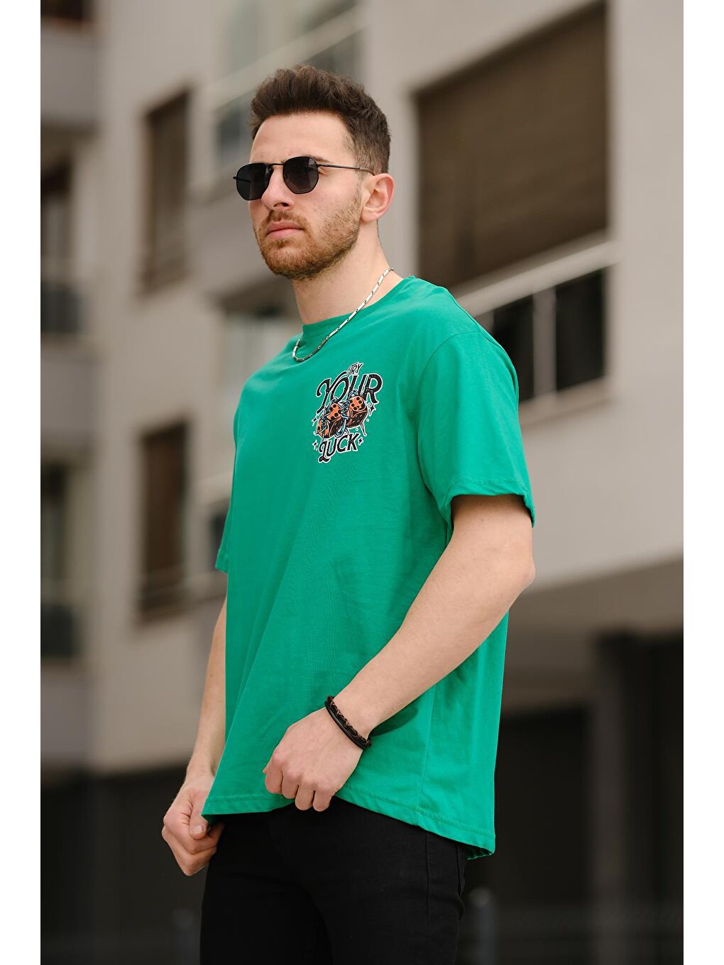 Yeşil Try Your Luck Ön ve Arkası Baskılı Erkek  Tişört-1
