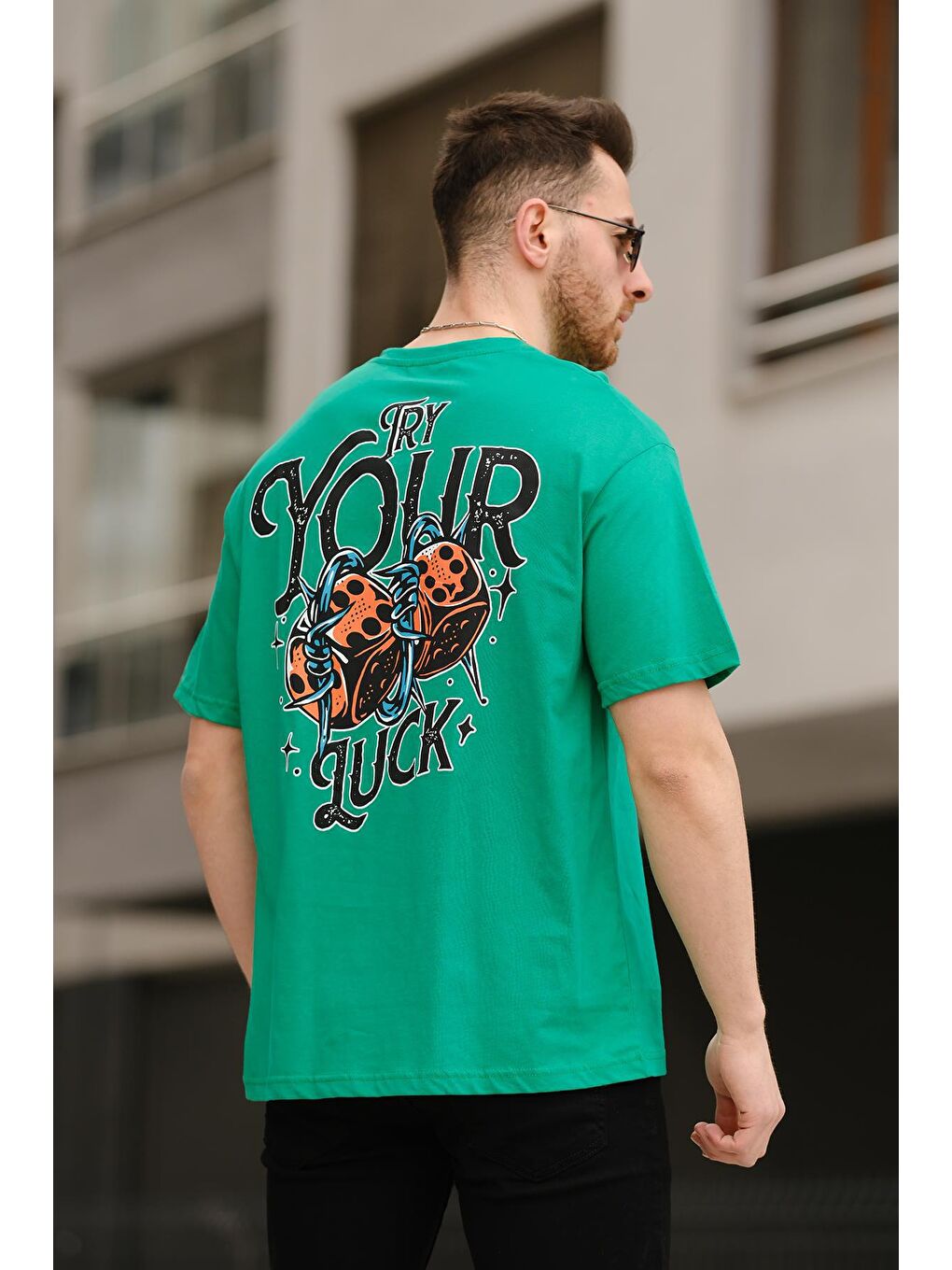 Yeşil Try Your Luck Ön ve Arkası Baskılı Erkek  Tişört-2