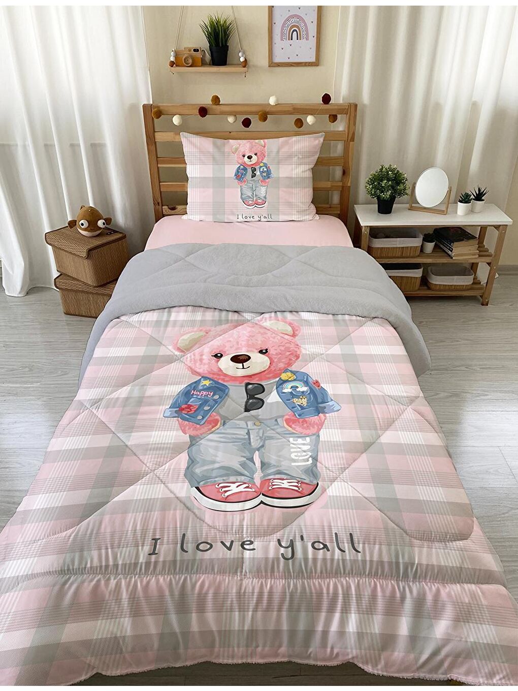 EVMİLA Karışık Pembe Teddy Desenli Tek Kişilik 160x220 Cm Wellsoft Çift Taraflı Silikon Yorgan Ve Uyku Seti