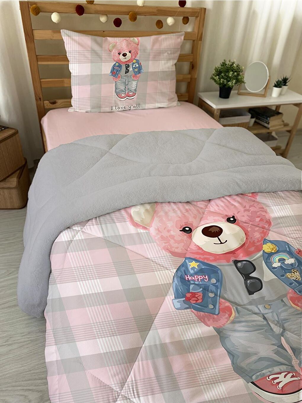 EVMİLA Karışık Pembe Teddy Desenli Tek Kişilik 160x220 Cm Wellsoft Çift Taraflı Silikon Yorgan Ve Uyku Seti - 1