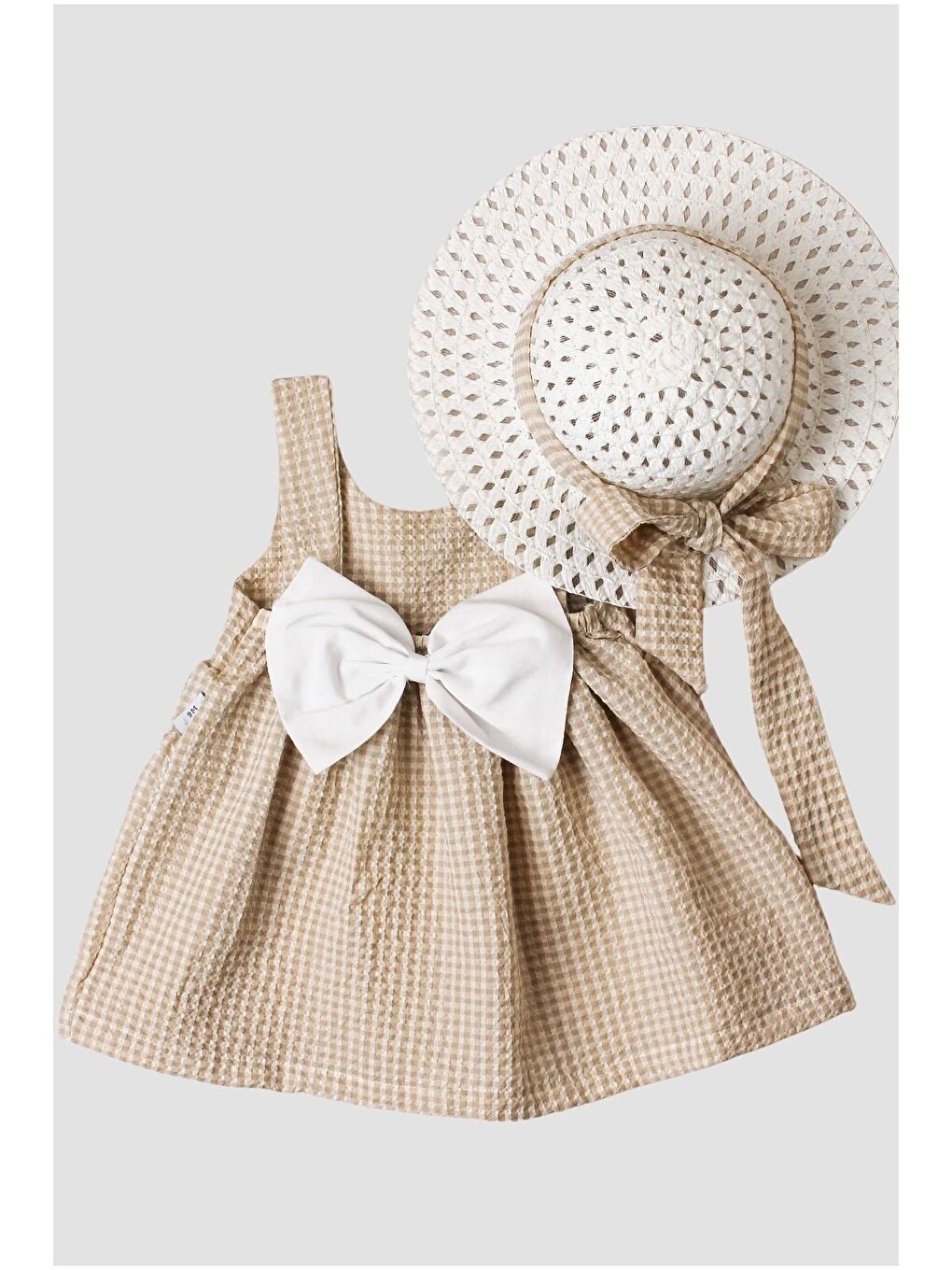 Bej Şapkalı Pötikare Desenli Fiyonklu Esnek Kız Bebek Elbisesi-1