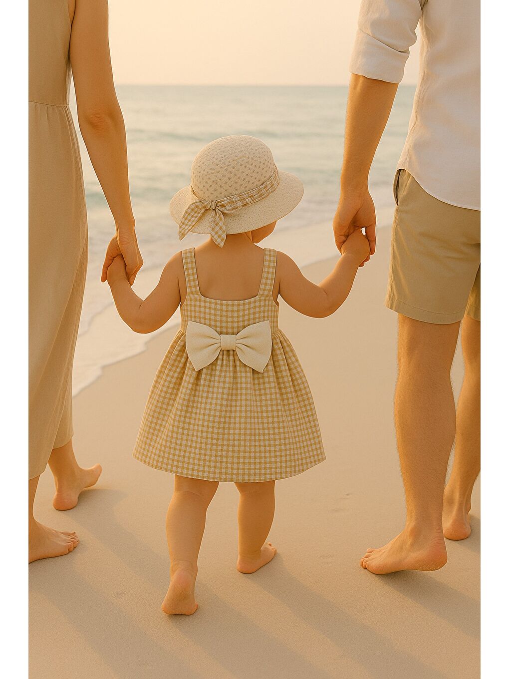 Bej Şapkalı Pötikare Desenli Fiyonklu Esnek Kız Bebek Elbisesi-2