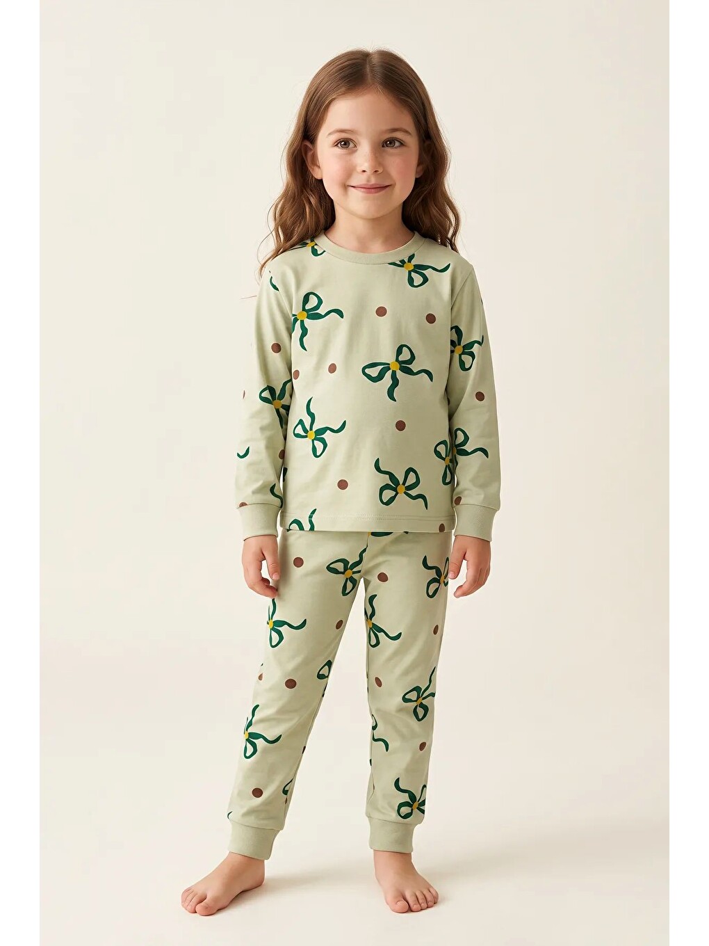 Yeşil Kız Çocuk Fiyonk Ve Puantiye Desenli Uzun Kollu Pijama Takımı-1