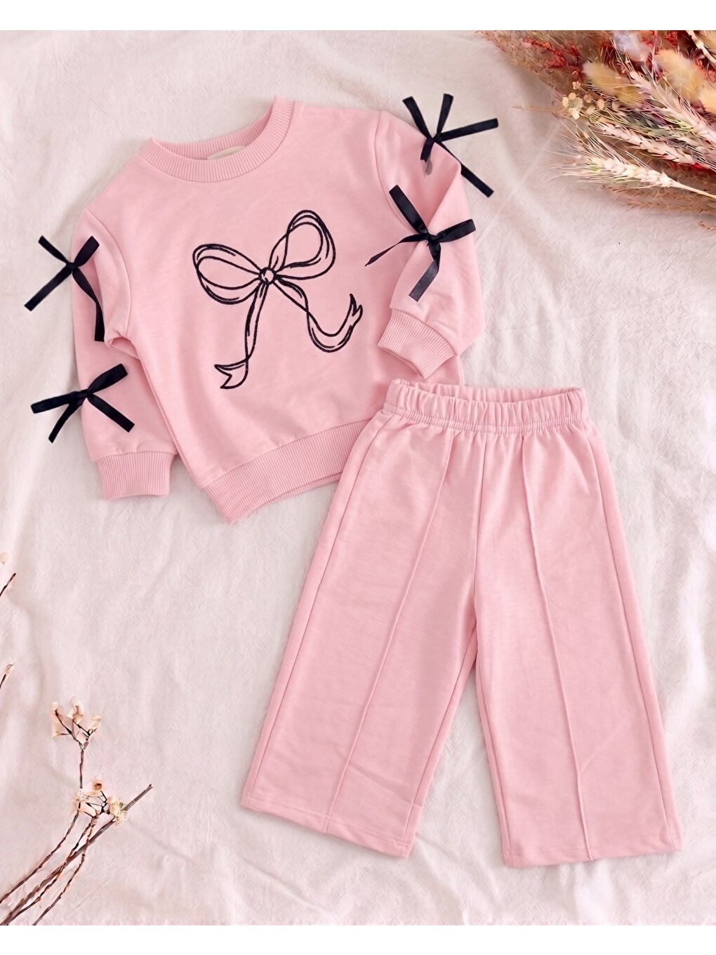 Pembe Kız Çocuk Fiyonk Detaylı Geniş Paça Pantolonlu 2'li %100 Pamuk Alt Üst Takım-2