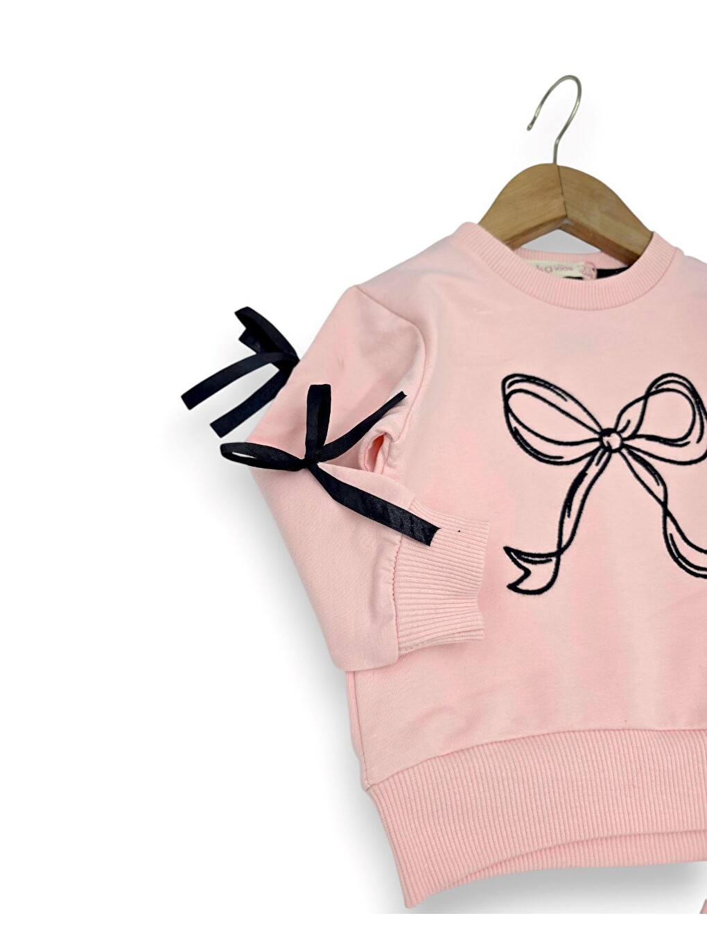 Pembe Kız Çocuk Fiyonk Detaylı Geniş Paça Pantolonlu 2'li %100 Pamuk Alt Üst Takım-3