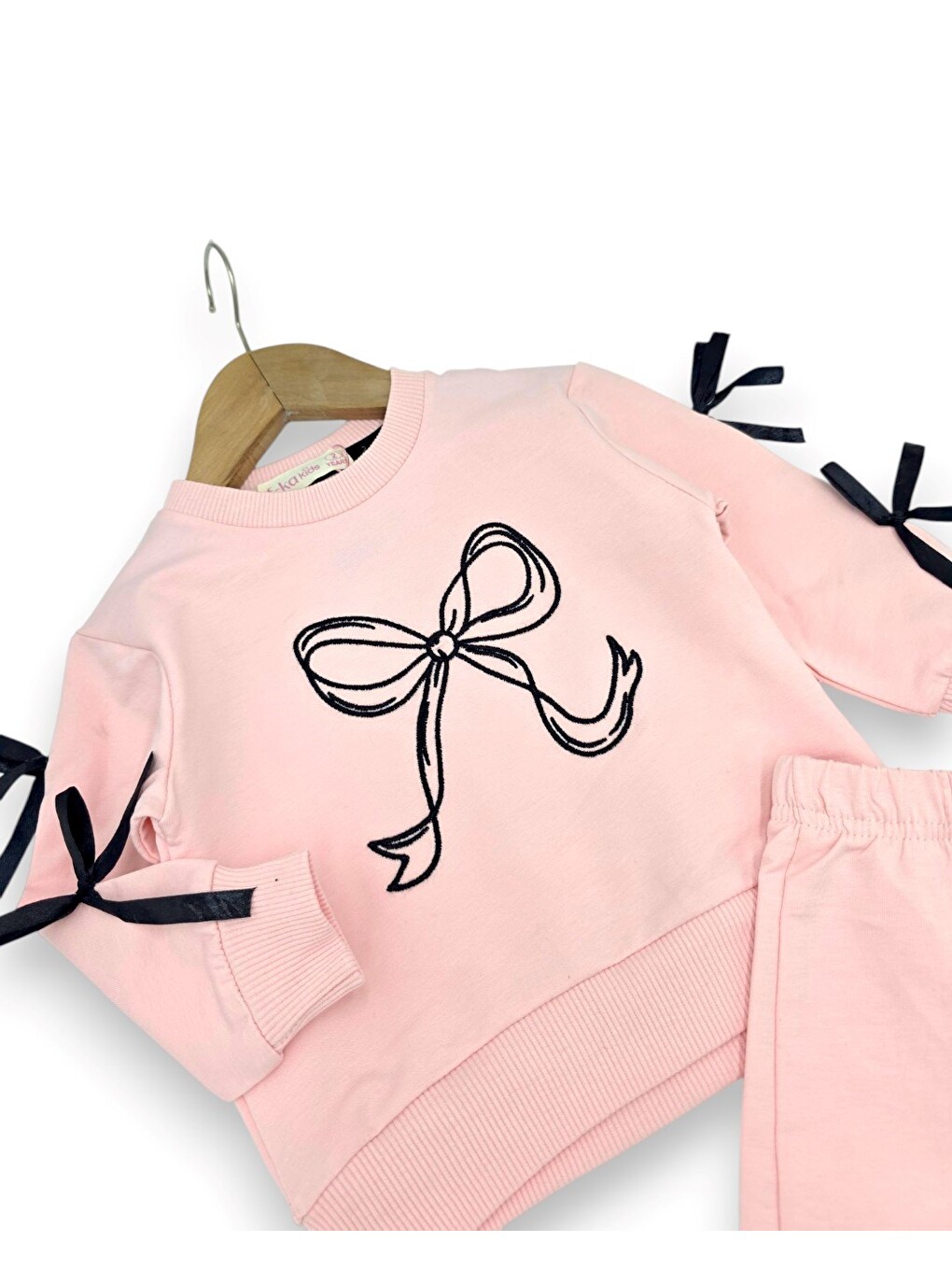 Pembe Kız Çocuk Fiyonk Detaylı Geniş Paça Pantolonlu 2'li %100 Pamuk Alt Üst Takım-4