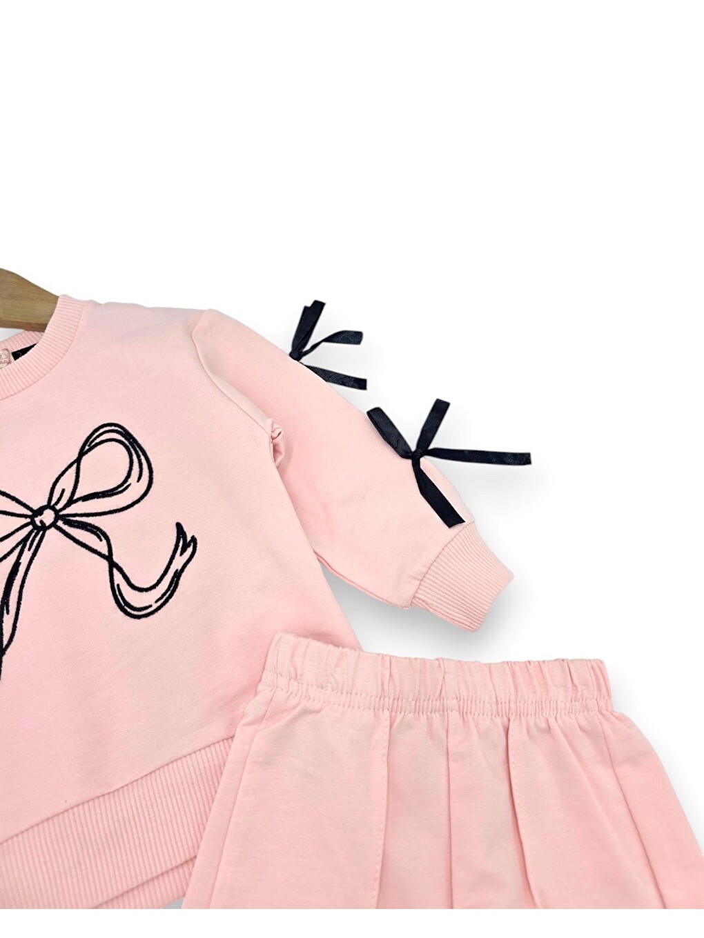 Pembe Kız Çocuk Fiyonk Detaylı Geniş Paça Pantolonlu 2'li %100 Pamuk Alt Üst Takım-5