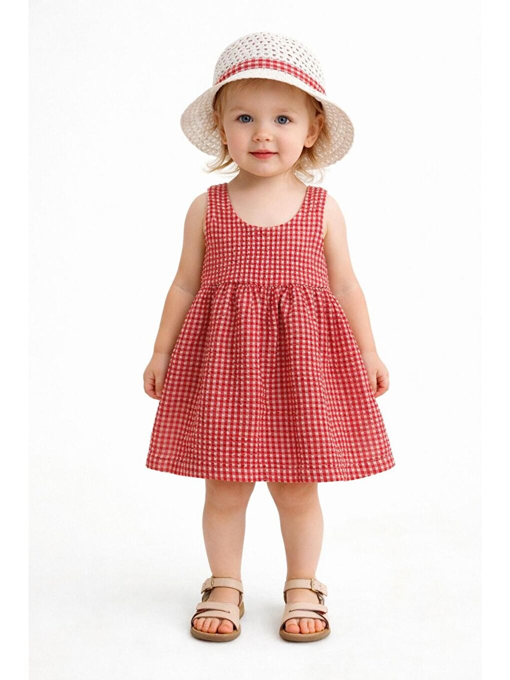 Kırmızı Şapkalı Pötikare Desenli Fiyonklu Esnek Kız Bebek Elbisesi