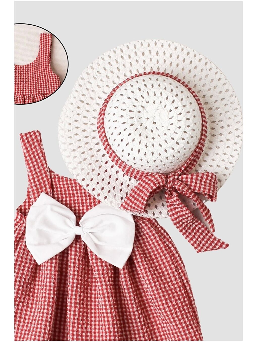 Kırmızı Şapkalı Pötikare Desenli Fiyonklu Esnek Kız Bebek Elbisesi-2