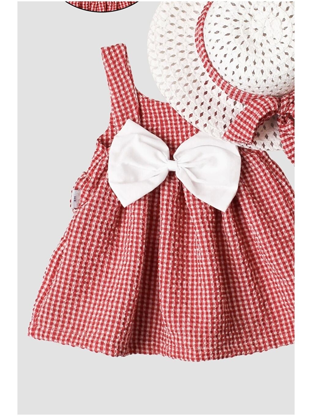 Kırmızı Şapkalı Pötikare Desenli Fiyonklu Esnek Kız Bebek Elbisesi-3