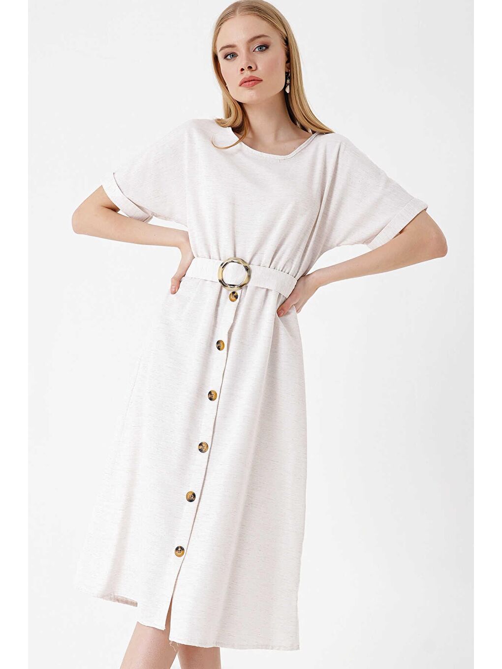 Kadın Ekru Kemerli Eteği Düğme Detaylı Kısa Kol Elbise-2