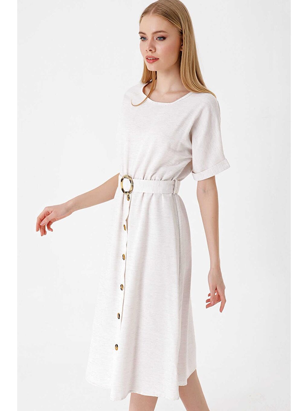 Kadın Ekru Kemerli Eteği Düğme Detaylı Kısa Kol Elbise-3
