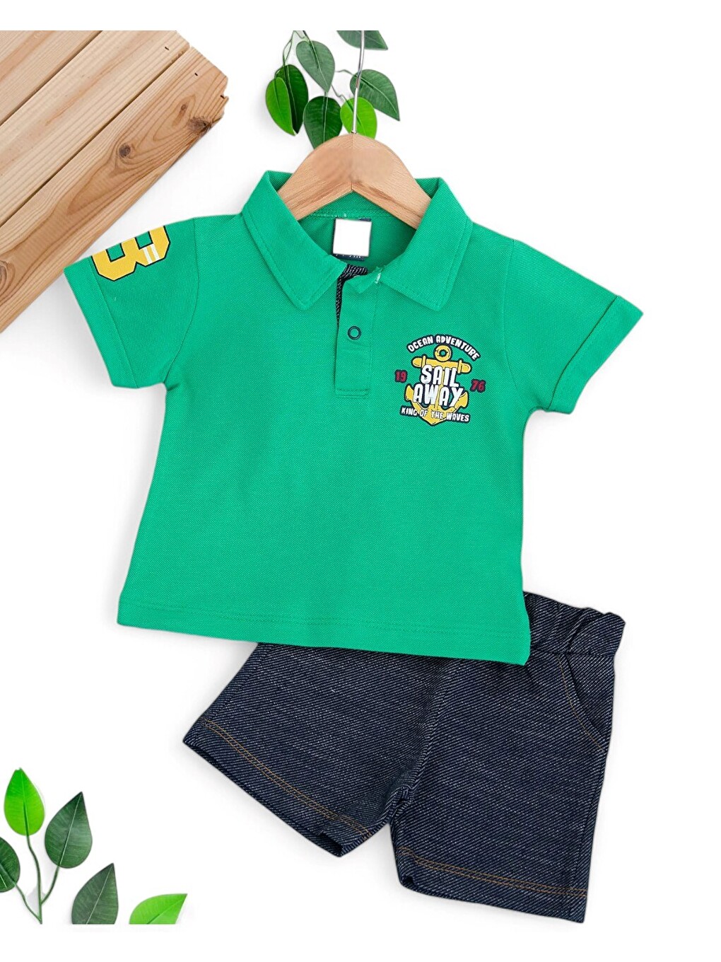 Yeşil Erkek Bebek Yazlık Polo Yakalı Yumuşak Jean Şortlu Takım