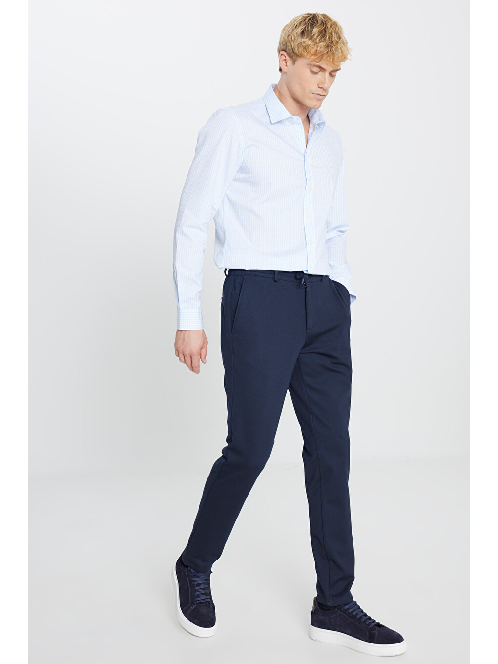 Erkek Lacivert Slim Fit Dar Kesim Beli Bağlamalı Yan Cepli Casual Jogger Pantolon-2