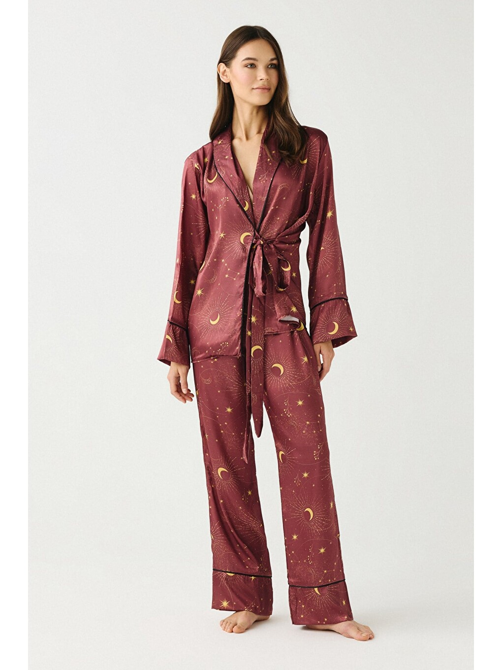 Kahverengi Luna Touch Kimono Pantolon 2'Li Saten Takım Kiremit-1