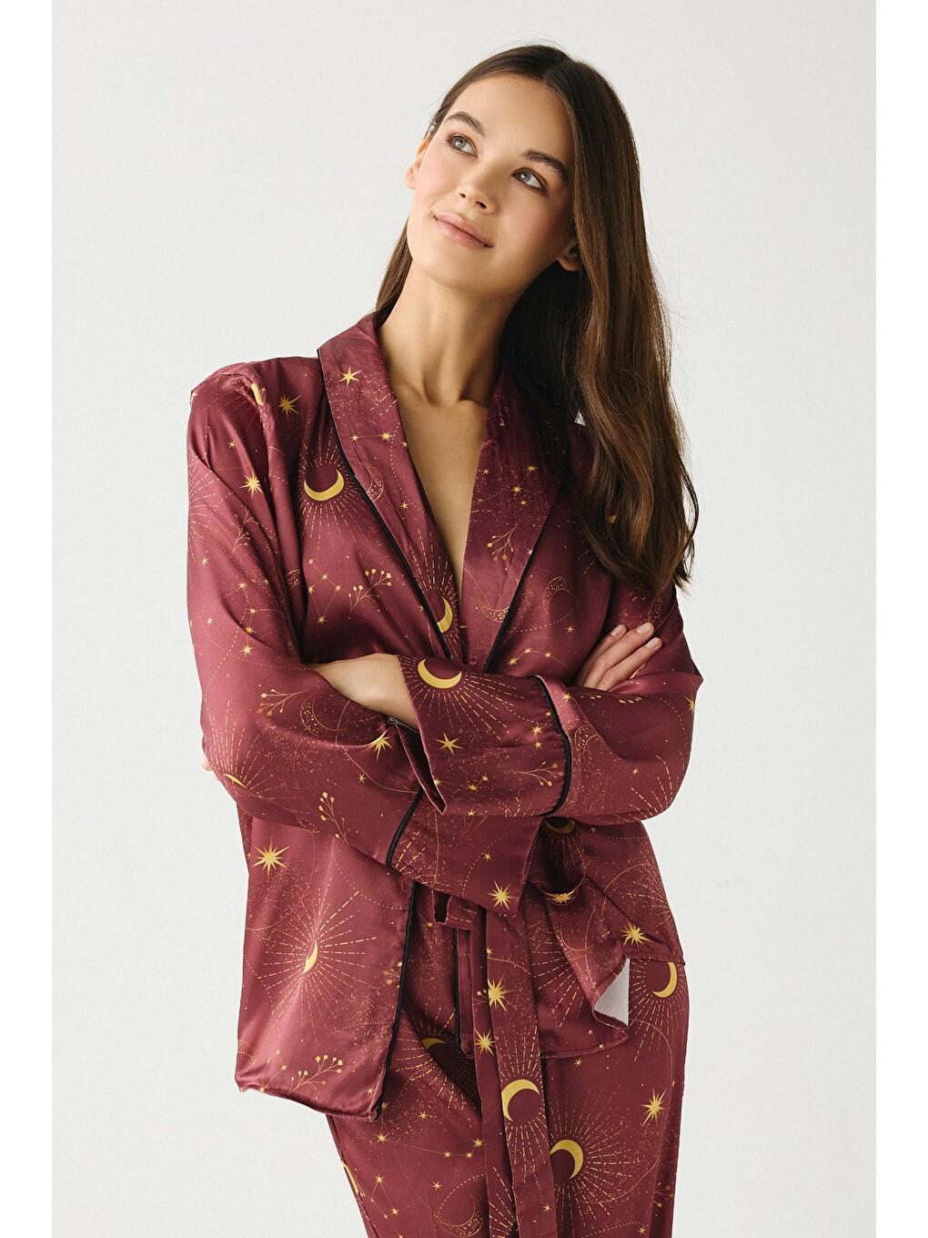 Kahverengi Luna Touch Kimono Pantolon 2'Li Saten Takım Kiremit-2