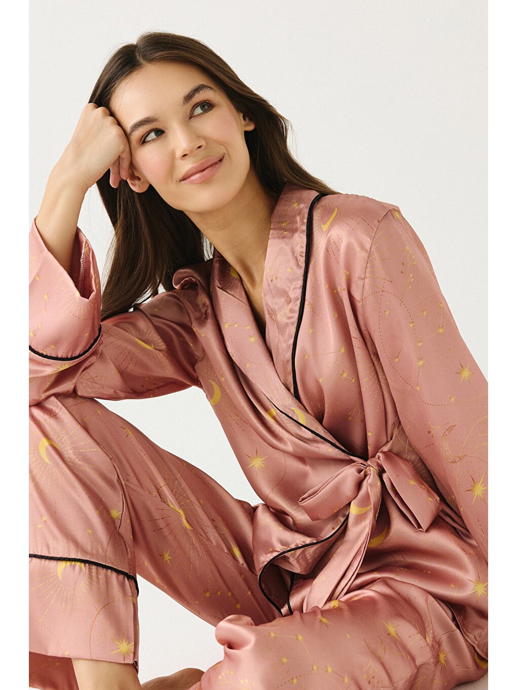 Bej Luna Touch Kimono Pantolon 2'Li Saten Takım Vizon-1