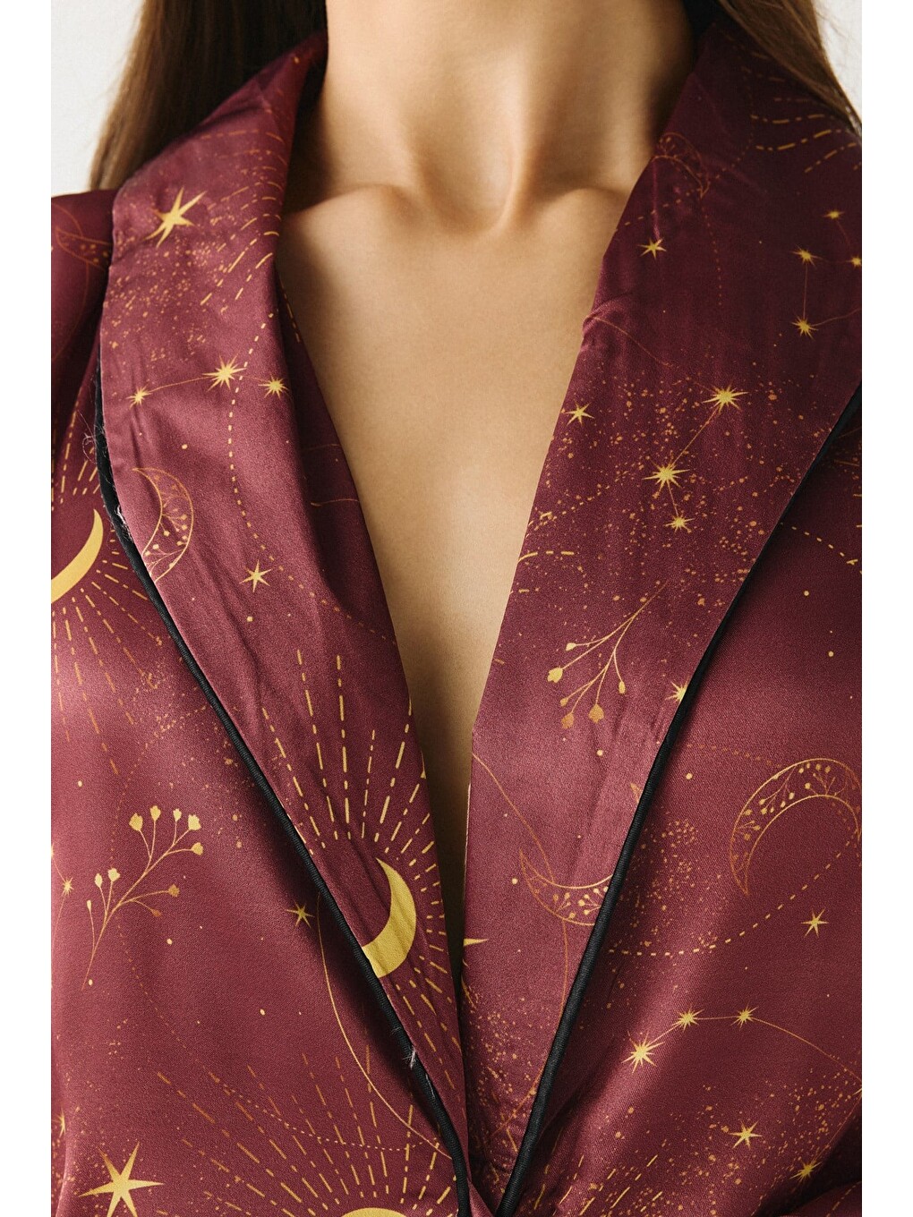 Kahverengi Luna Touch Kimono Pantolon 2'Li Saten Takım Kiremit-3