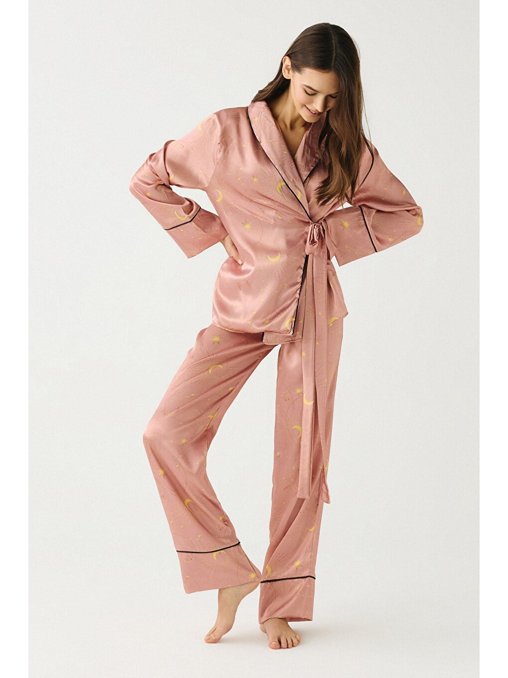 Bej Luna Touch Kimono Pantolon 2'Li Saten Takım Vizon-2