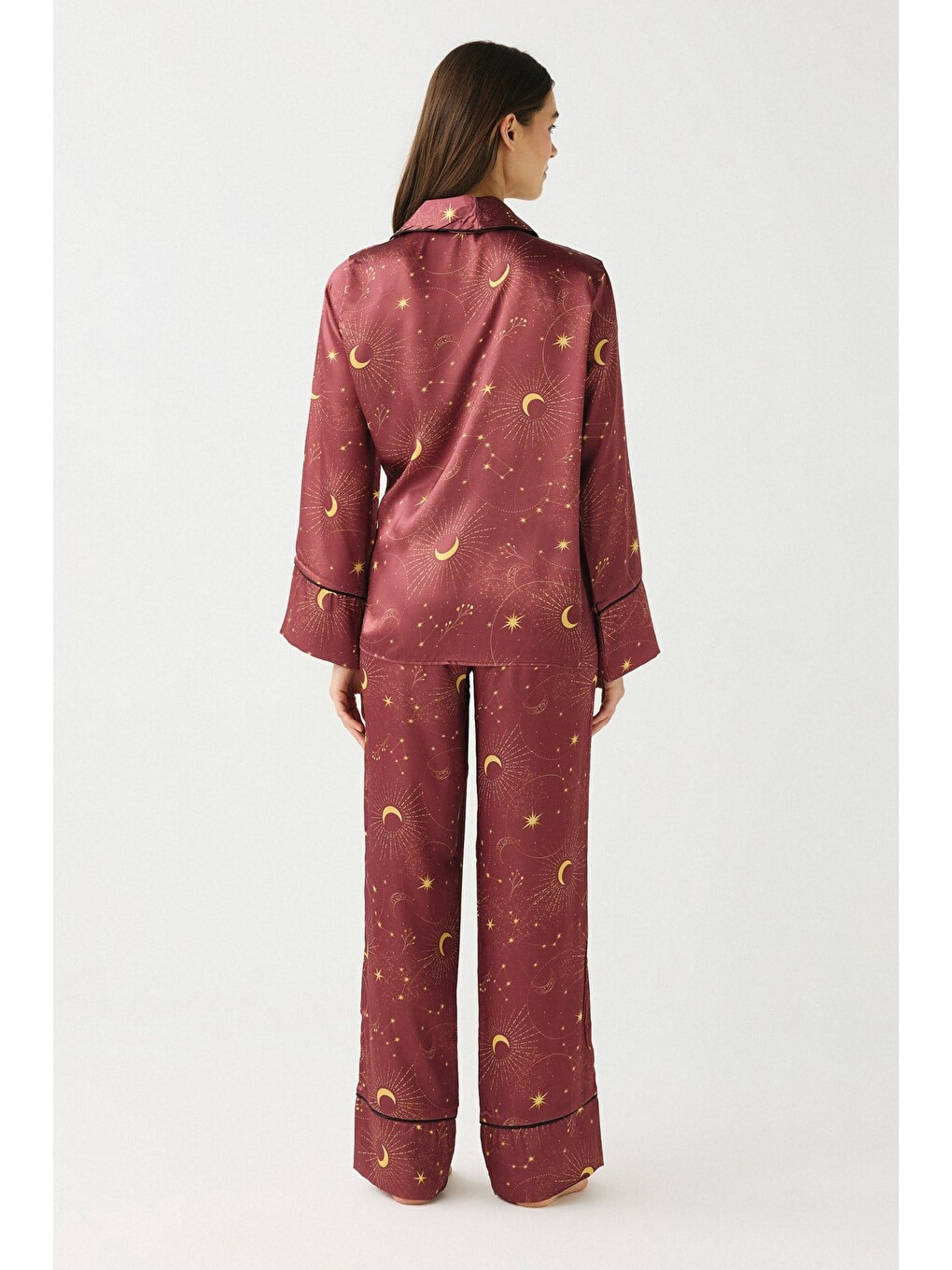 Kahverengi Luna Touch Kimono Pantolon 2'Li Saten Takım Kiremit-4