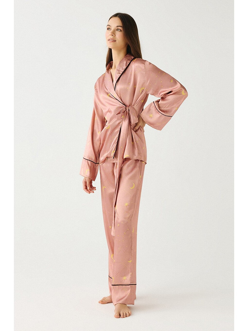 Bej Luna Touch Kimono Pantolon 2'Li Saten Takım Vizon-3