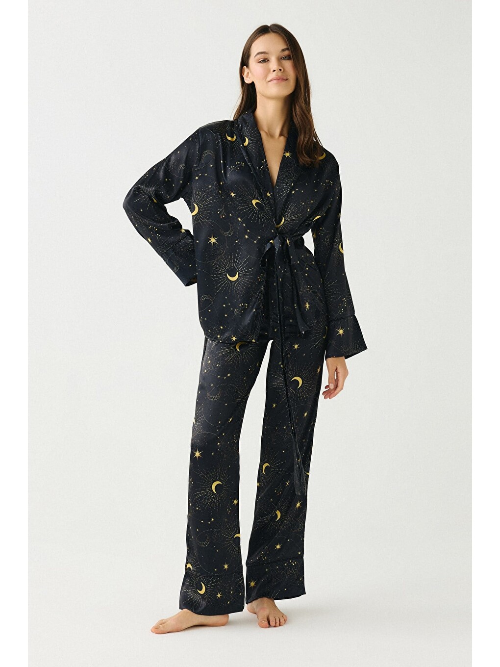 Luna Touch Kimono Pantolon 2'Li Saten Takım Lacivert