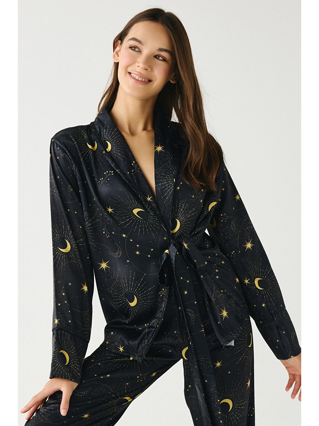 Luna Touch Kimono Pantolon 2'Li Saten Takım Lacivert-1