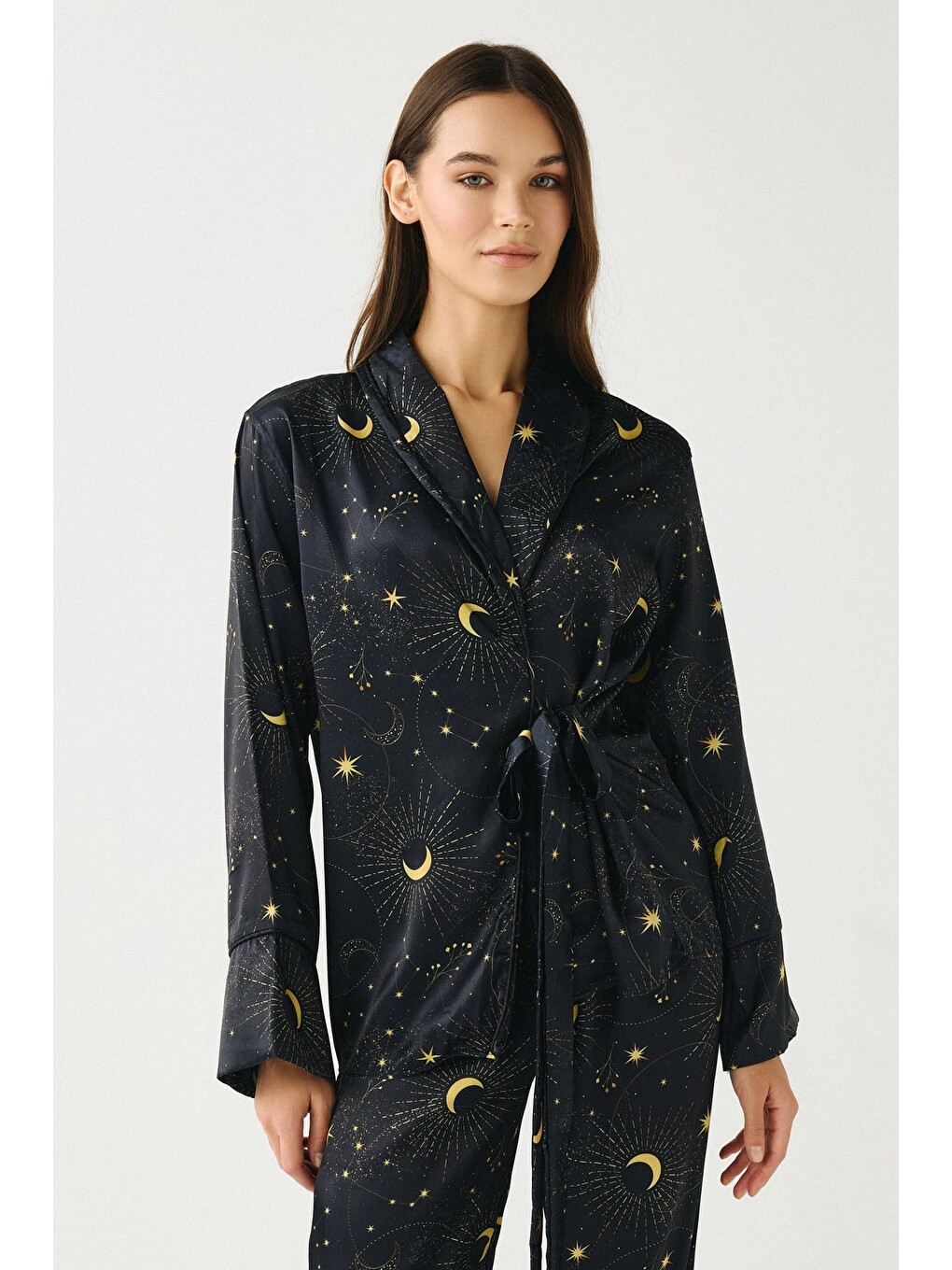 Luna Touch Kimono Pantolon 2'Li Saten Takım Lacivert-2