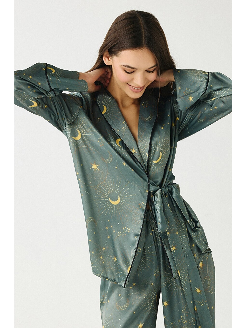 Luna Touch Kimono Pantolon 2'Li Saten Takım Haki-2