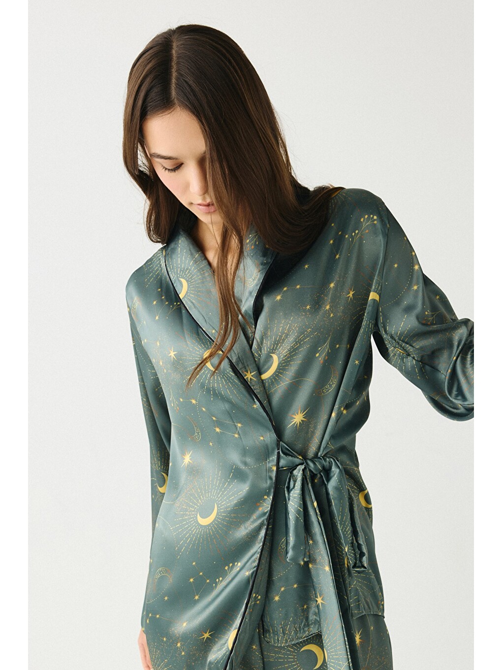 Luna Touch Kimono Pantolon 2'Li Saten Takım Haki-3