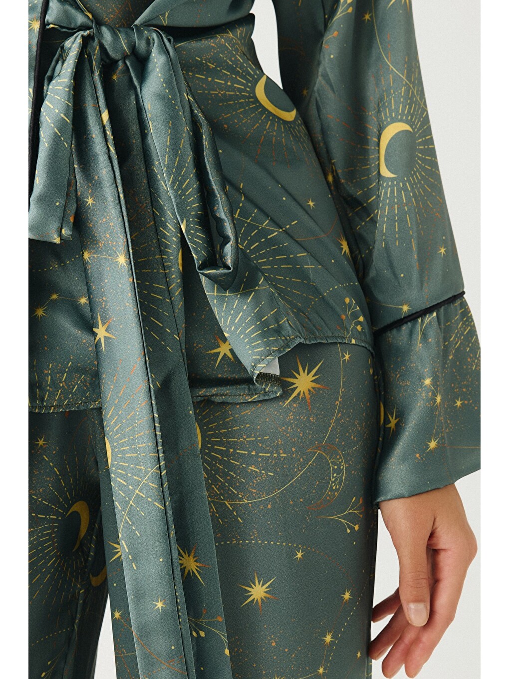 Luna Touch Kimono Pantolon 2'Li Saten Takım Haki-4