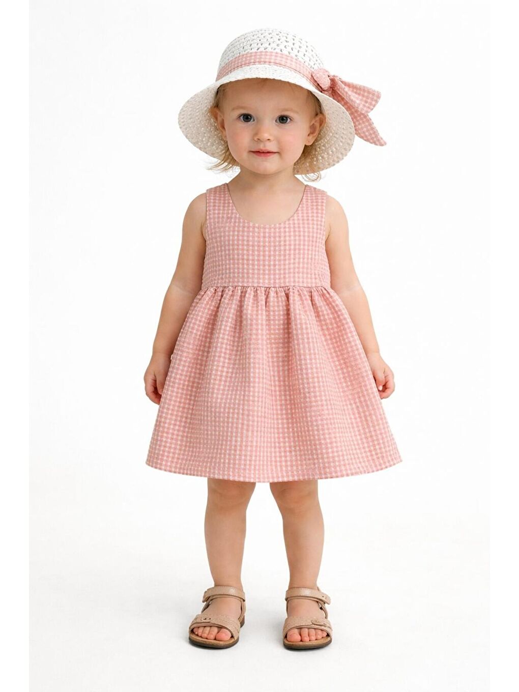 Turuncu Şapkalı Pötikare Desenli Fiyonklu Esnek Kız Bebek Elbisesi