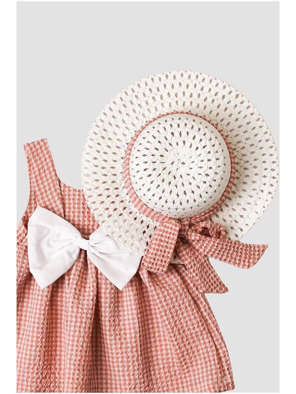 Turuncu Şapkalı Pötikare Desenli Fiyonklu Esnek Kız Bebek Elbisesi-2