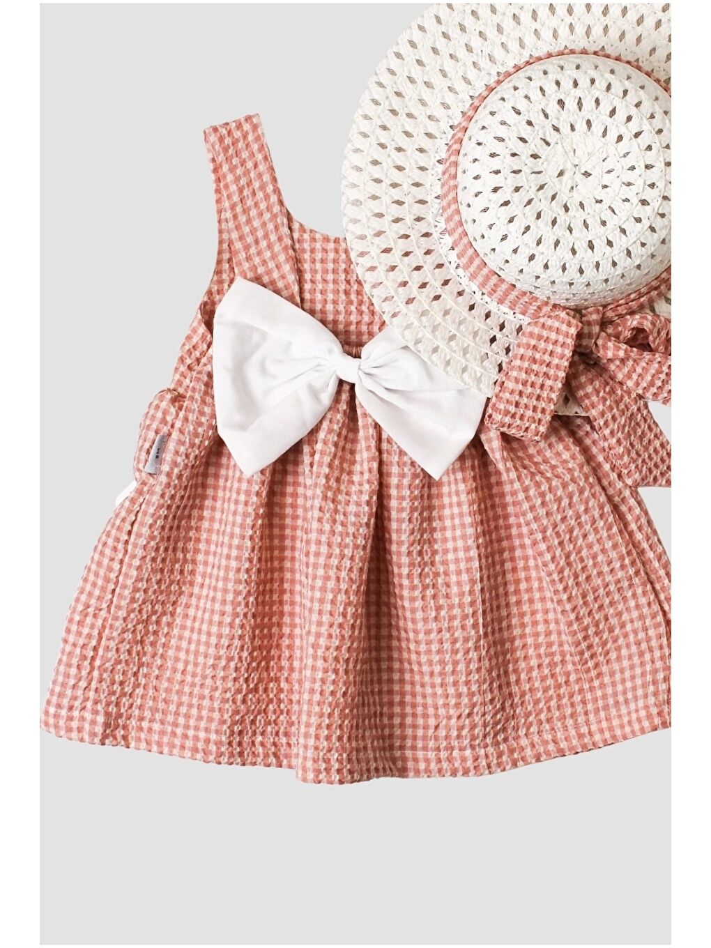 Turuncu Şapkalı Pötikare Desenli Fiyonklu Esnek Kız Bebek Elbisesi-3